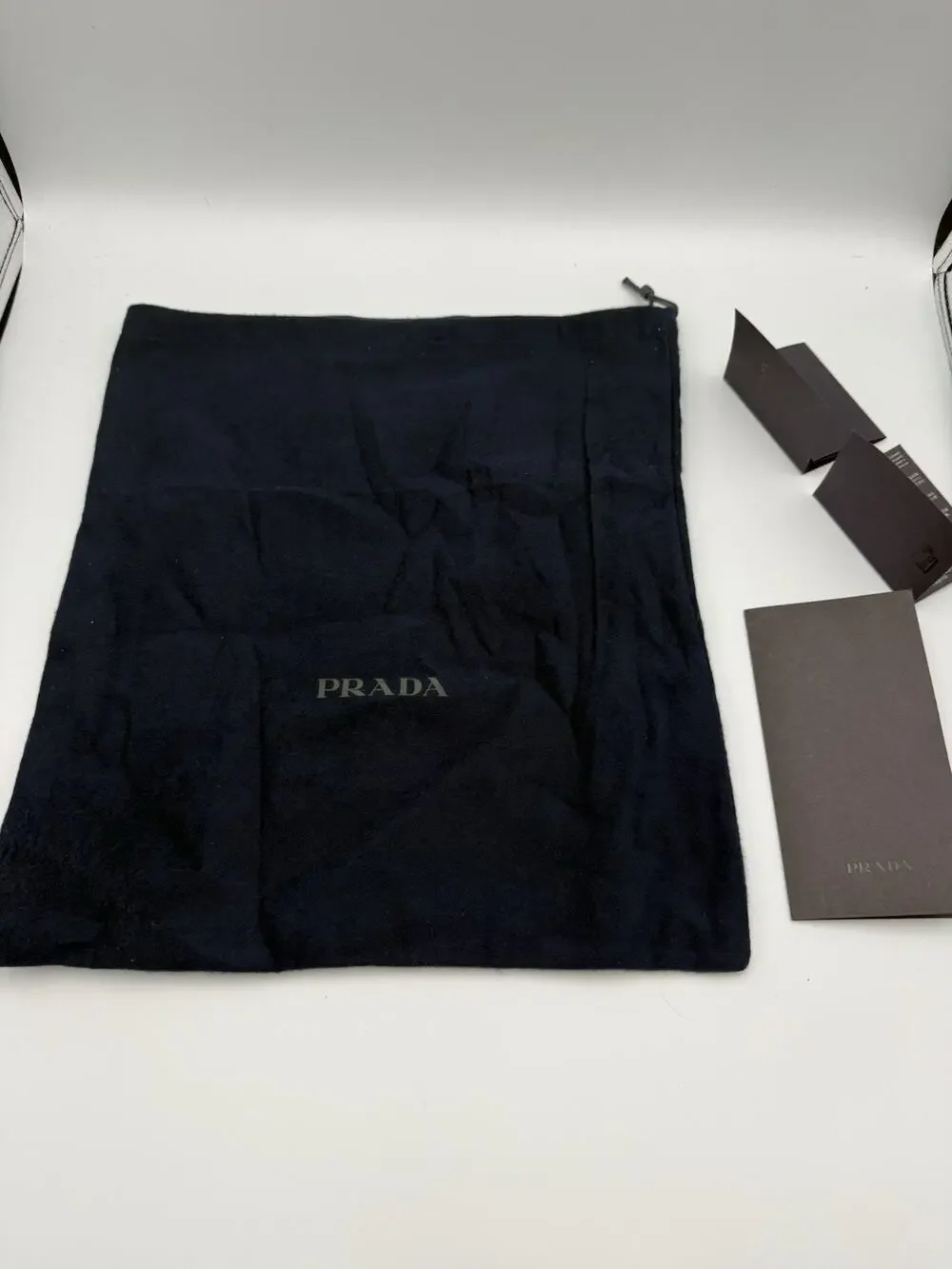 Authentic Prada Dark Navy Flannel Drawstring Dust Bag Cards RFID Set 14.5